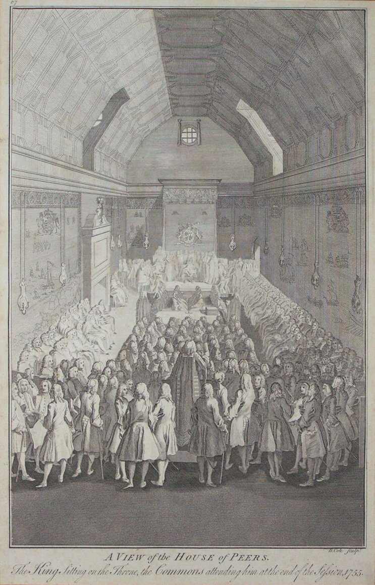 Print - A View of the House of Peers. The King Sitting on the Throne, the Commons attending him at the end of the Session, 1755. - Cole